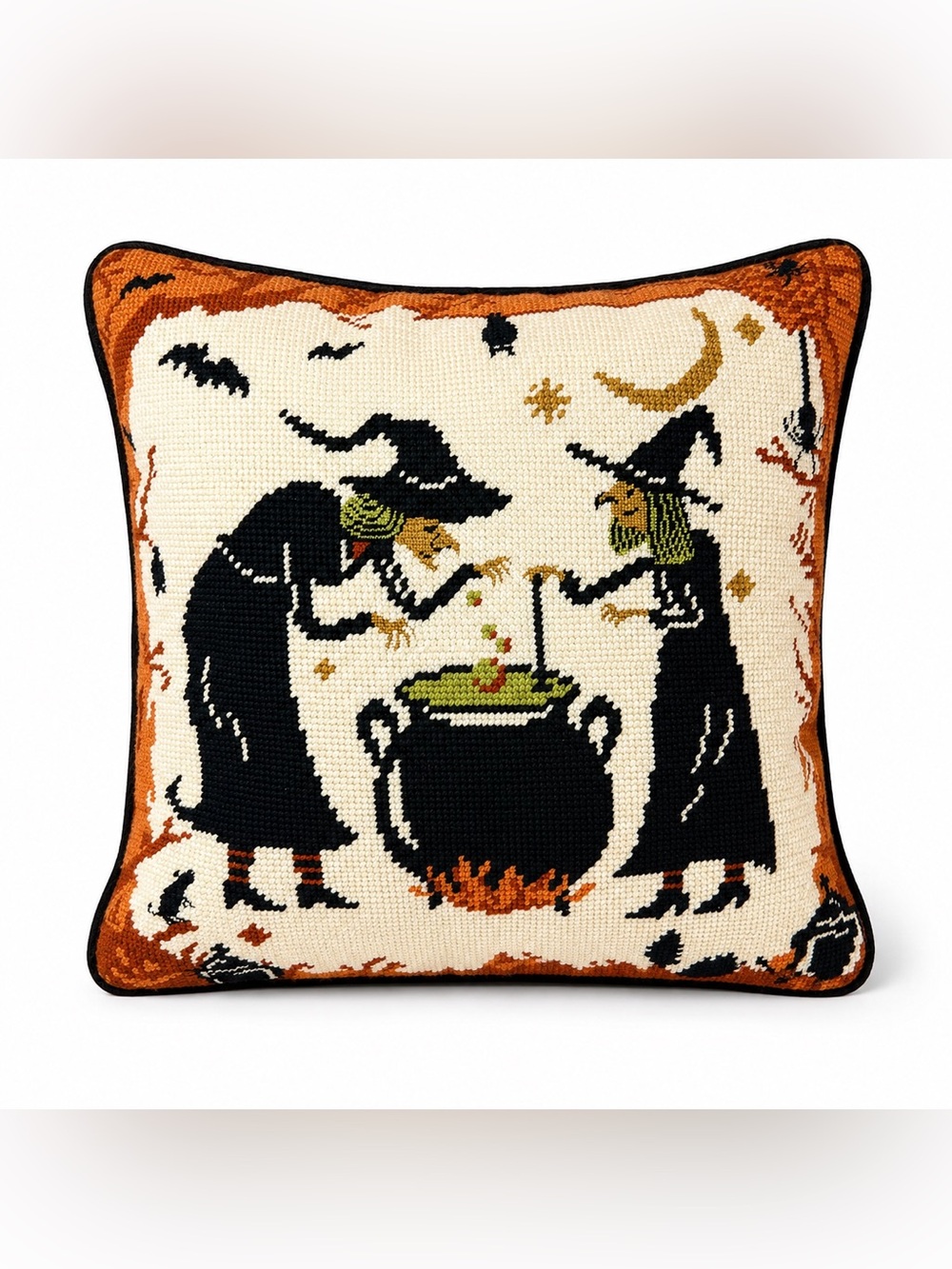 Cynthia Rowley Halloween Witch Pillow Needlepoint Cauldron Throw Cushion NWT